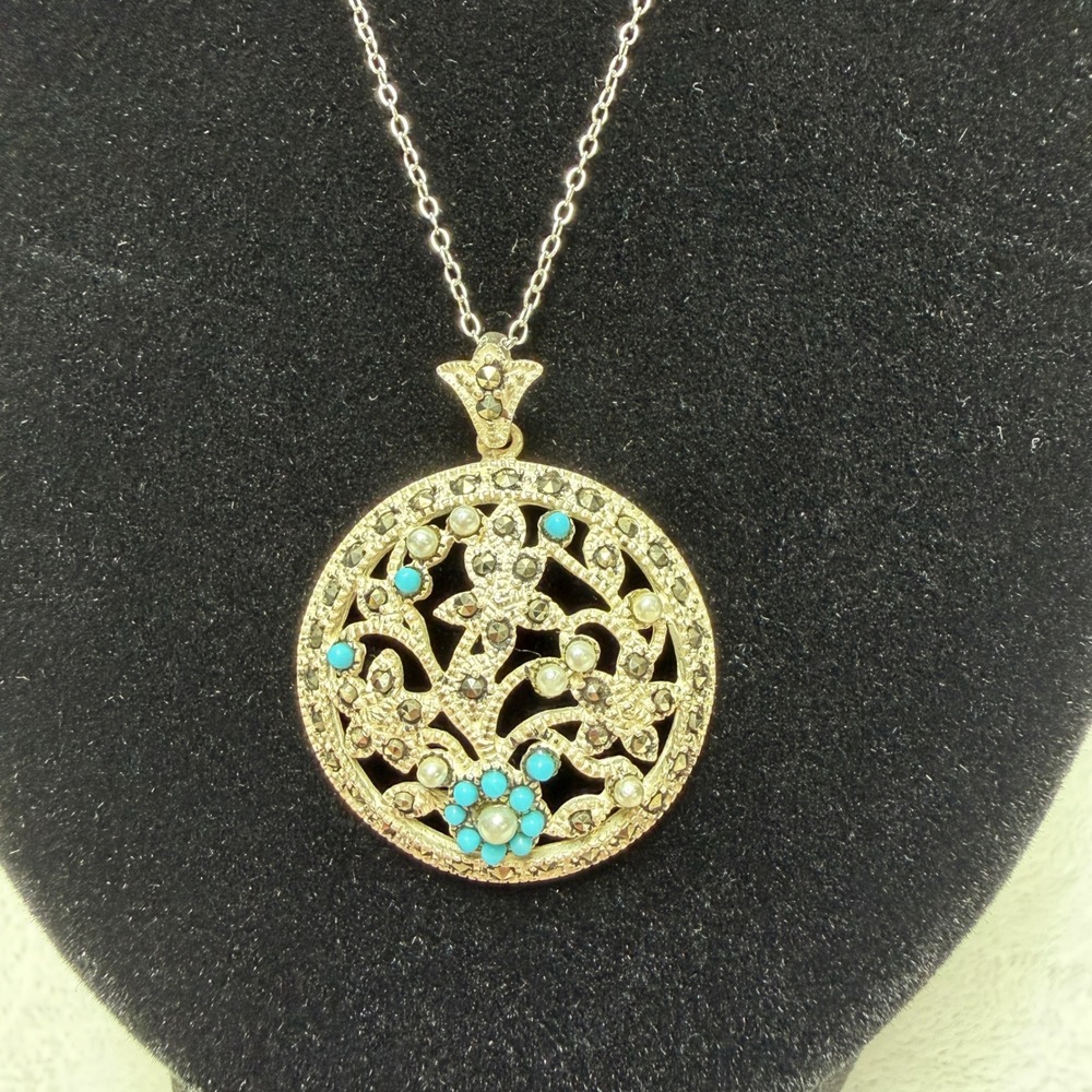 Sterling Silver Marcasite Turquoise Pearl Floral Medallion Pendant Necklace‎